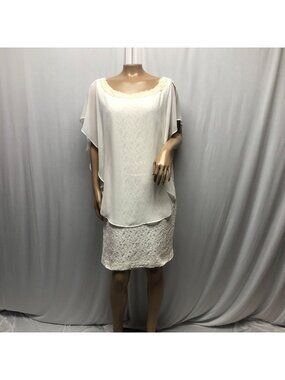 SD Collection Ivory Chiffon Overlay Lace Dress Womens Sz 12 Faux Pearl Neckline